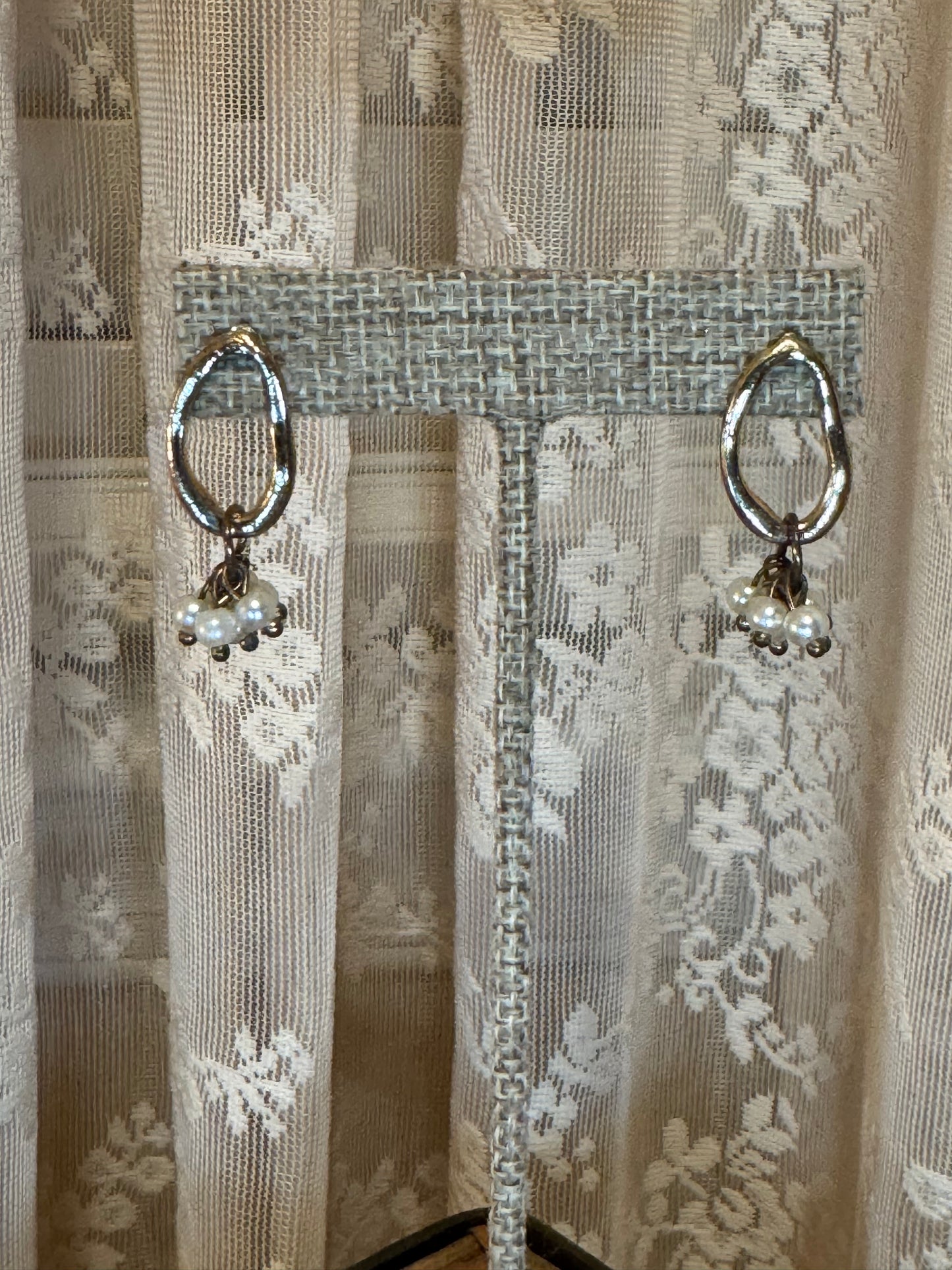 Organic Gold Hoop Earrings with Pearl Cluster Drops