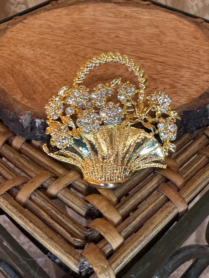 Vintage Gold Tone Flower Basket Brooch Rhinestone Floral Pin Mid-Century 1940s–50s
