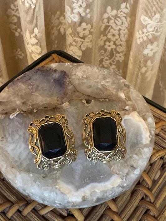 Vintage Victorian Revival Gold Tone Stud Earrings Black Glass Gothic Statement