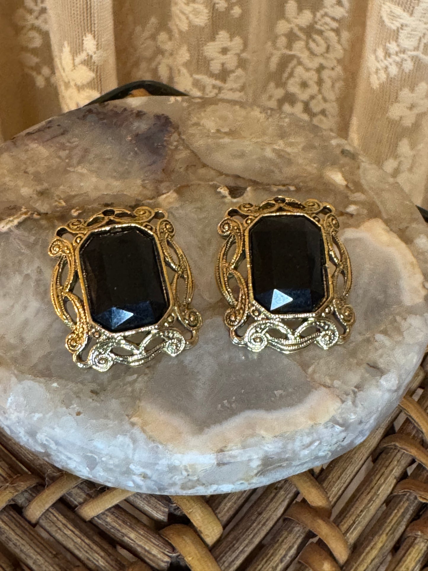 Vintage Victorian Revival Gold Tone Stud Earrings Black Glass Gothic Statement