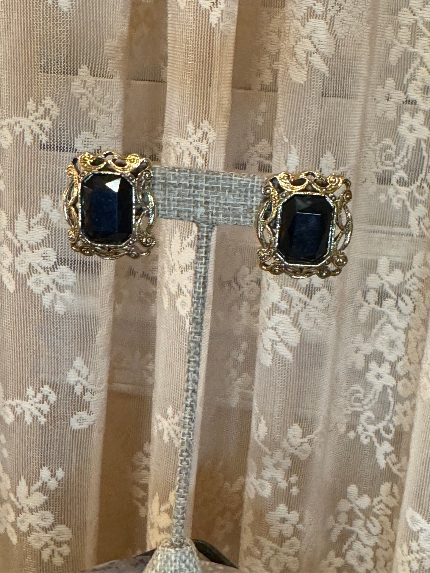 Vintage Victorian Revival Gold Tone Stud Earrings Black Glass Gothic Statement