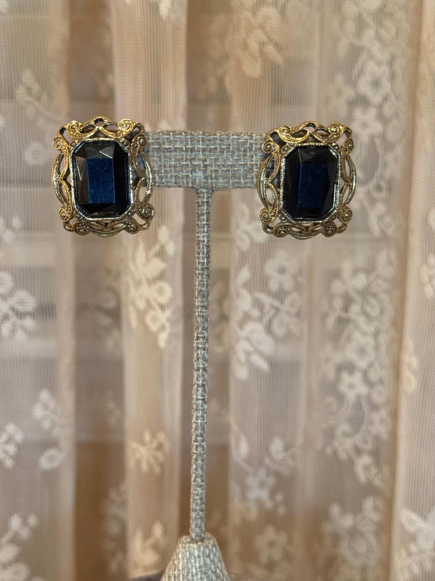 Vintage Victorian Revival Gold Tone Stud Earrings Black Glass Gothic Statement