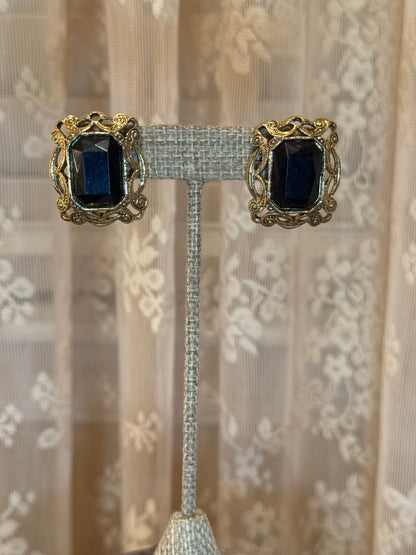 Vintage Victorian Revival Gold Tone Stud Earrings Black Glass Gothic Statement