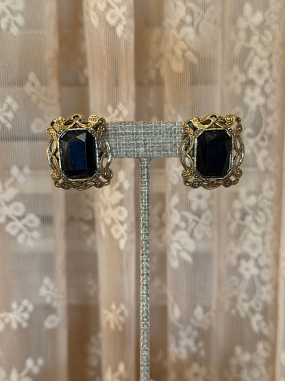 Vintage Victorian Revival Gold Tone Stud Earrings Black Glass Gothic Statement