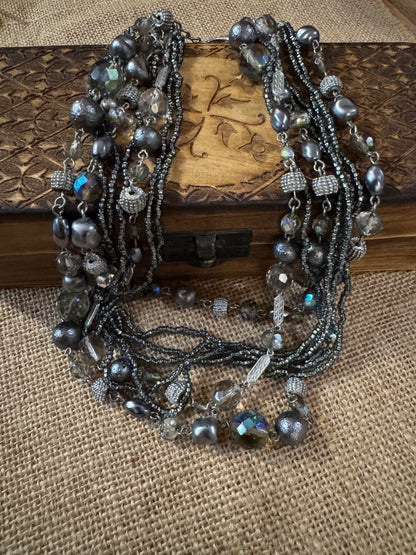 Vintage 5-Strand Hematite-Tone Necklace with Silver Textured and Faceted Beads – 22"