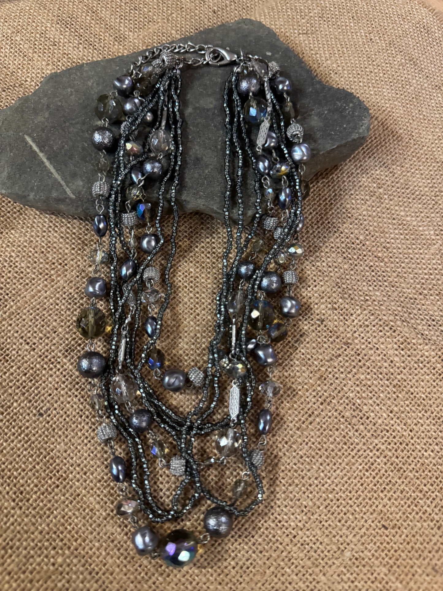 Vintage 5-Strand Hematite-Tone Necklace with Silver Textured and Faceted Beads – 22"