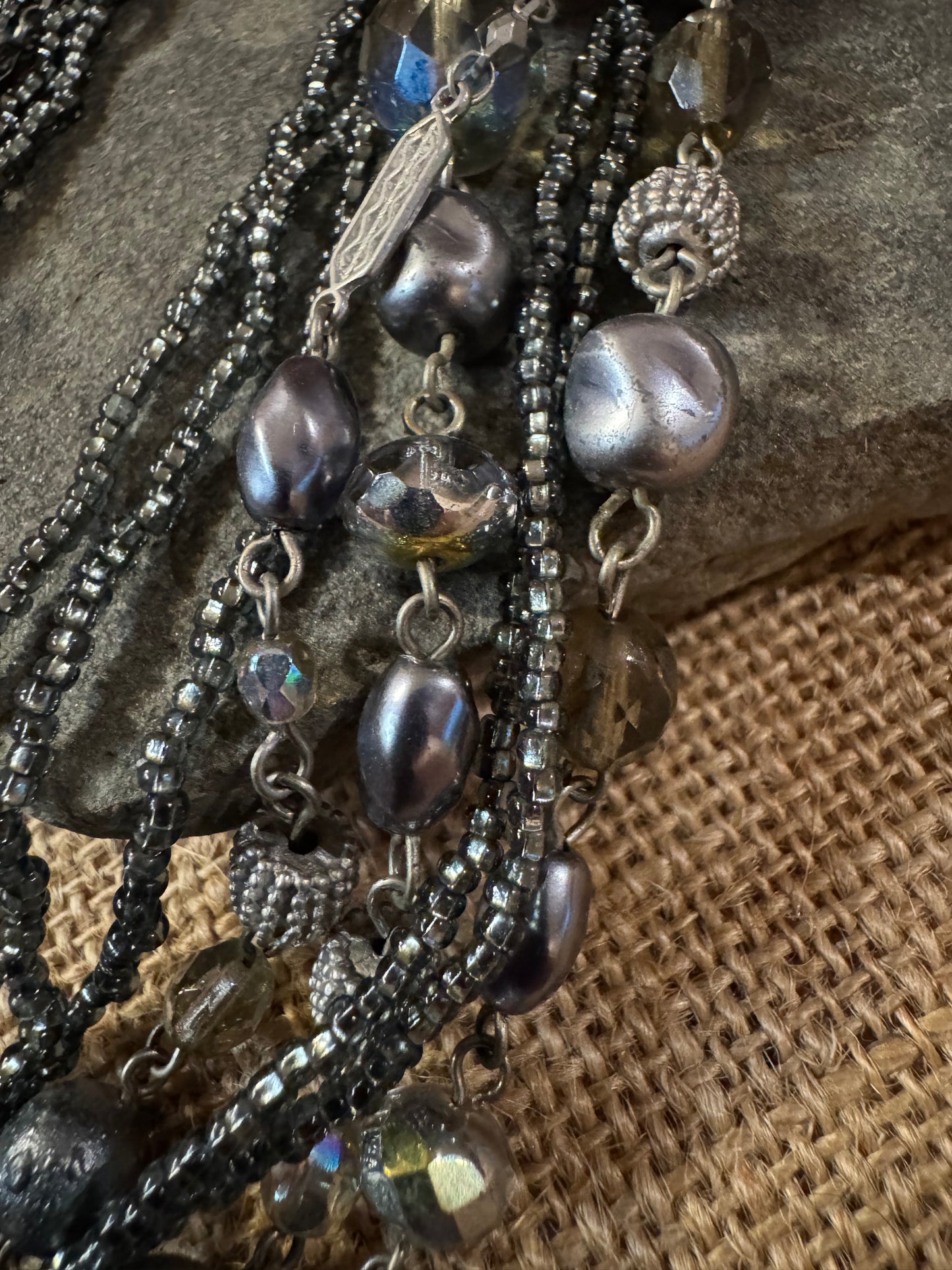 Vintage 5-Strand Hematite-Tone Necklace with Silver Textured and Faceted Beads – 22"