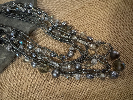 Vintage 5-Strand Hematite-Tone Necklace with Silver Textured and Faceted Beads – 22"