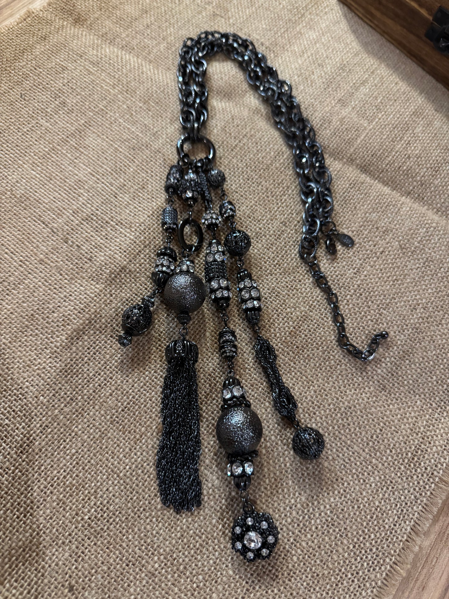 Vintage Joan Rivers Crystal Tassel Statement Necklace – Dark Gray Tone, 24" Chain with 7" Tassel