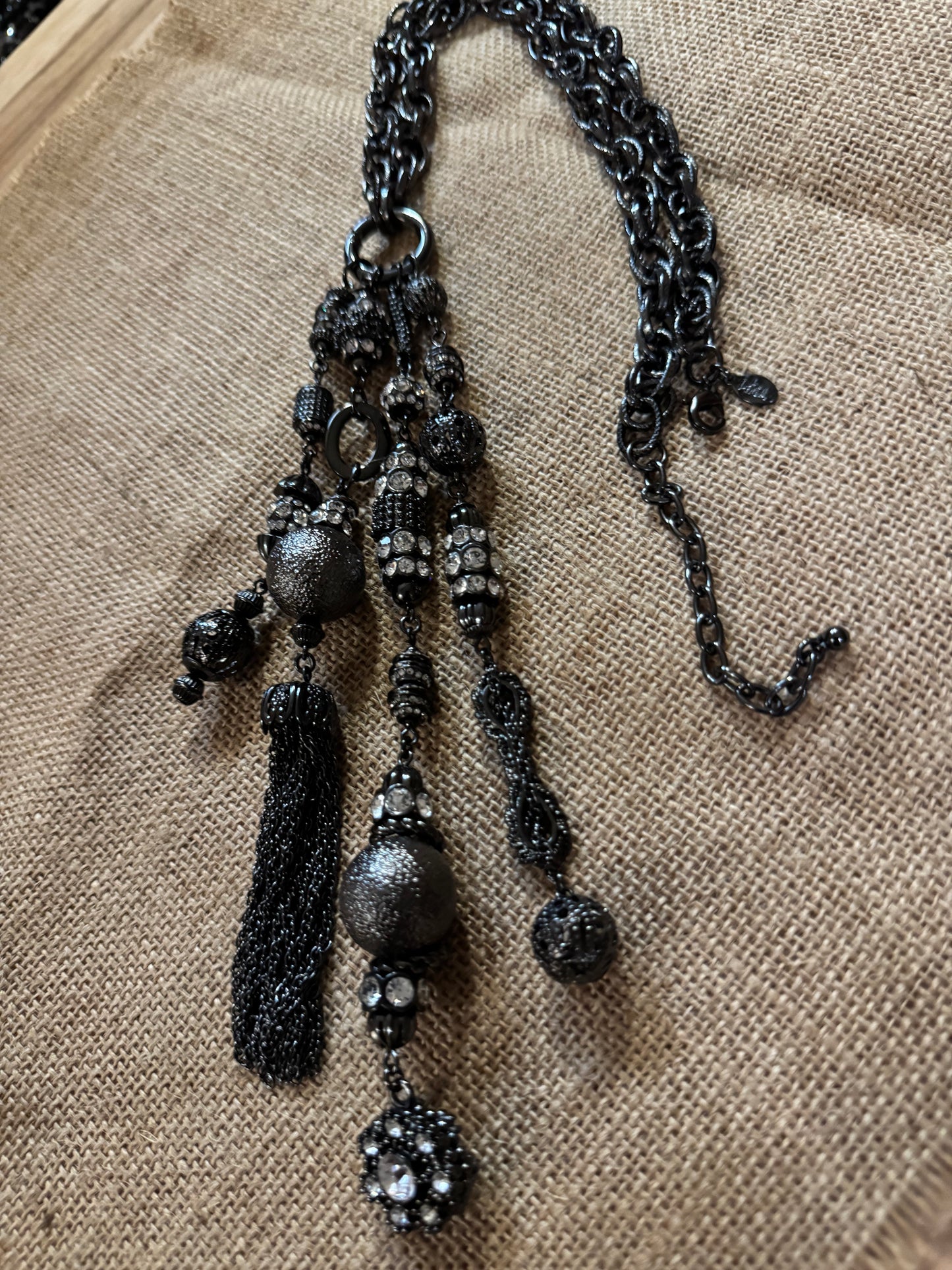 Vintage Joan Rivers Crystal Tassel Statement Necklace – Dark Gray Tone, 24" Chain with 7" Tassel