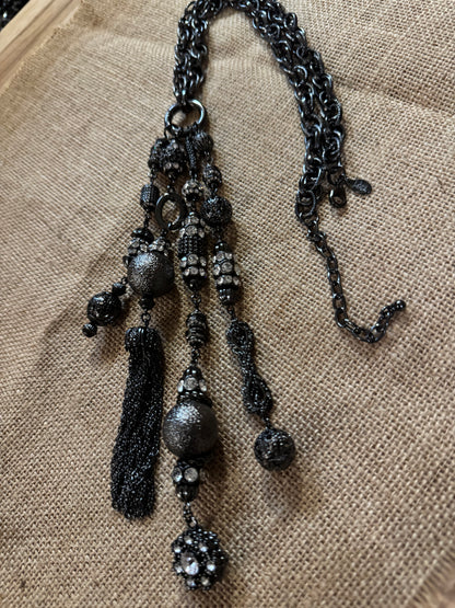 Vintage Joan Rivers Crystal Tassel Statement Necklace – Dark Gray Tone, 24" Chain with 7" Tassel