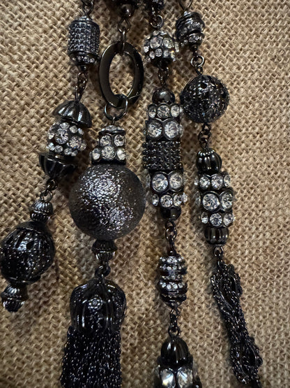 Vintage Joan Rivers Crystal Tassel Statement Necklace – Dark Gray Tone, 24" Chain with 7" Tassel