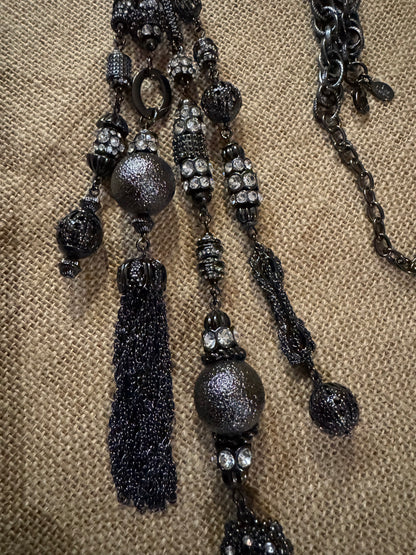 Vintage Joan Rivers Crystal Tassel Statement Necklace – Dark Gray Tone, 24" Chain with 7" Tassel