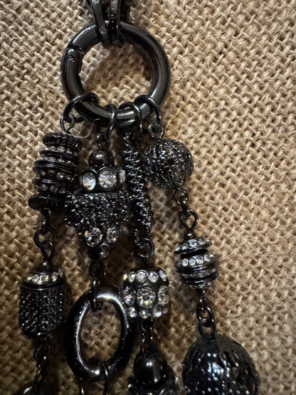 Vintage Joan Rivers Crystal Tassel Statement Necklace – Dark Gray Tone, 24" Chain with 7" Tassel