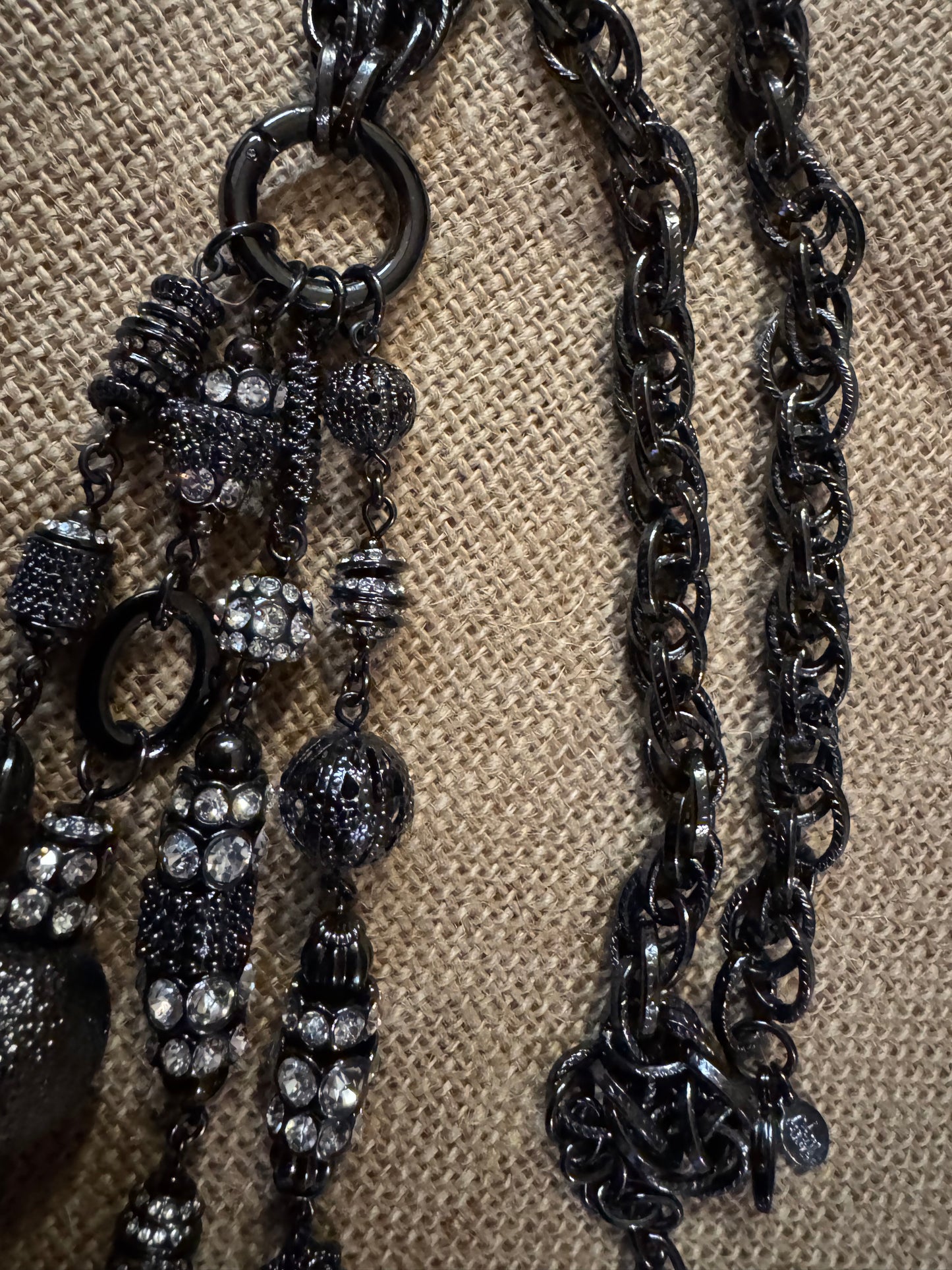 Vintage Joan Rivers Crystal Tassel Statement Necklace – Dark Gray Tone, 24" Chain with 7" Tassel