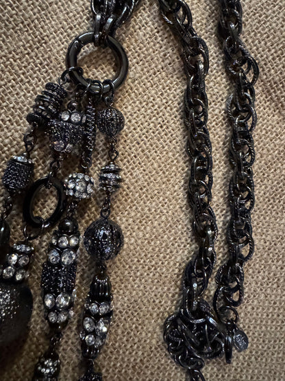 Vintage Joan Rivers Crystal Tassel Statement Necklace – Dark Gray Tone, 24" Chain with 7" Tassel
