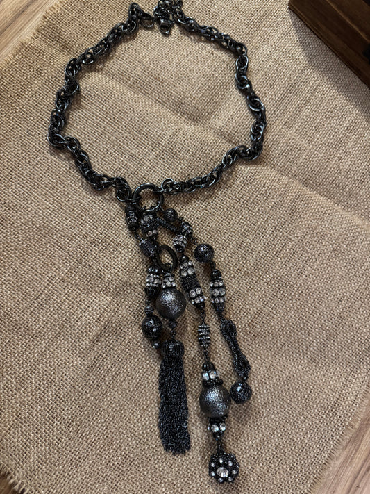 Vintage Joan Rivers Crystal Tassel Statement Necklace – Dark Gray Tone, 24" Chain with 7" Tassel