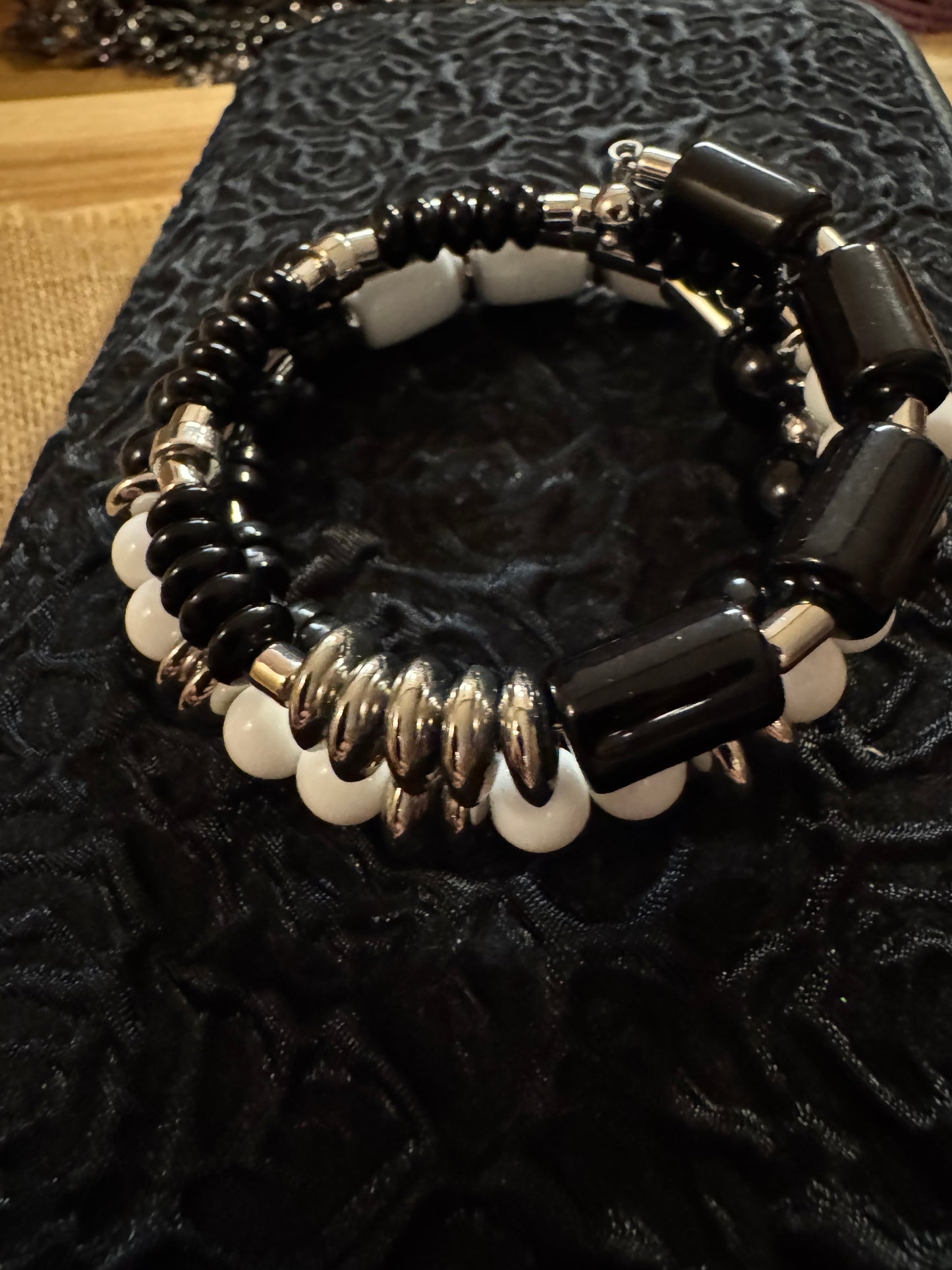 Vintage Chico's Coil Bracelet with Black, White and Silver-Tone Beads - Boho Style