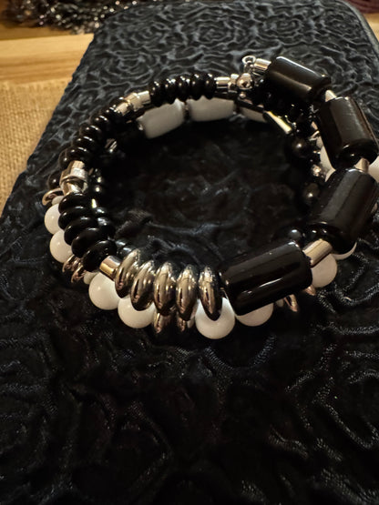 Vintage Chico's Coil Bracelet with Black, White and Silver-Tone Beads - Boho Style