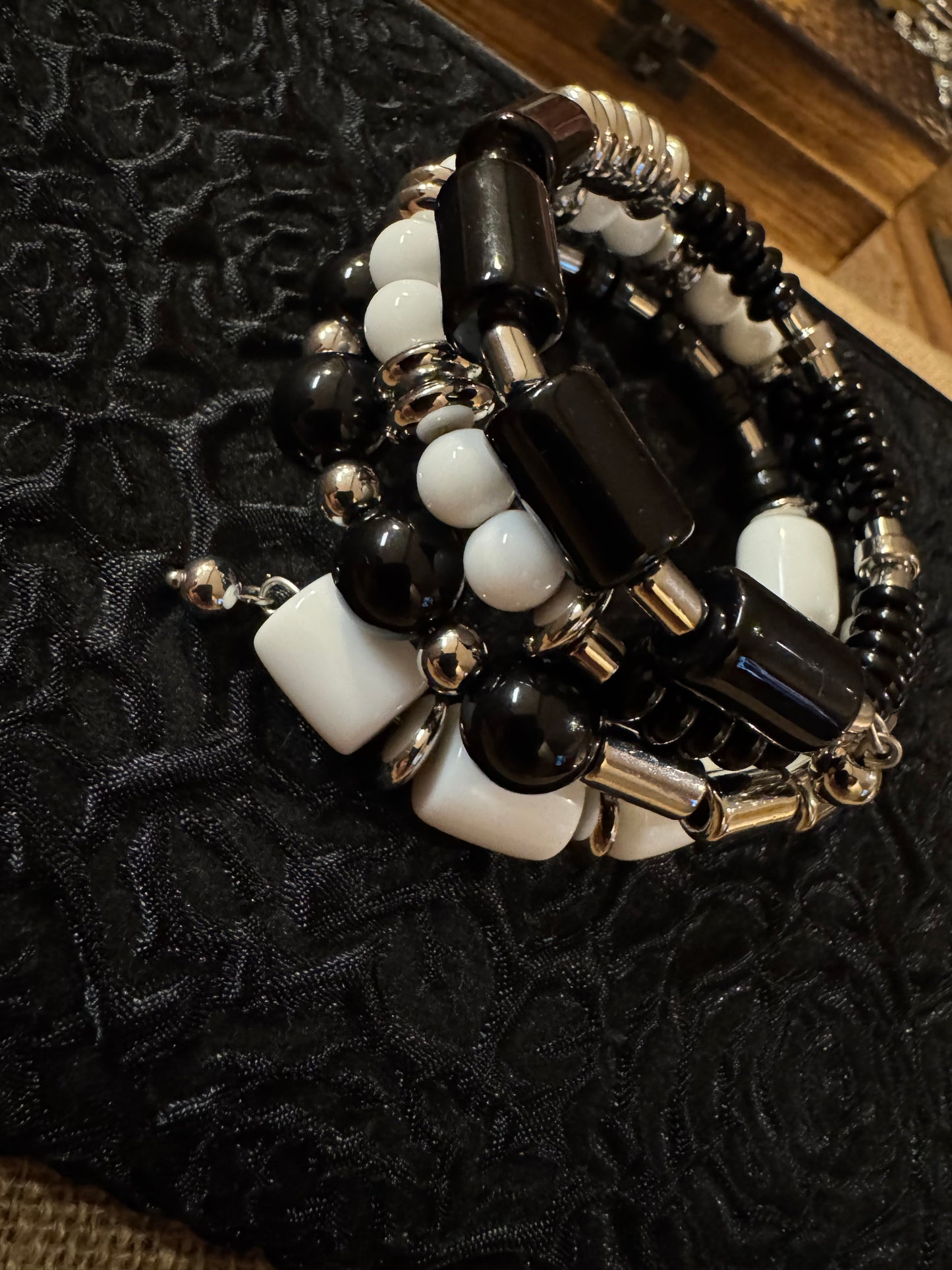 Vintage Chico's Coil Bracelet with Black, White and Silver-Tone Beads - Boho Style