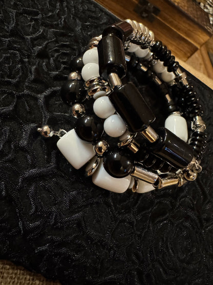 Vintage Chico's Coil Bracelet with Black, White and Silver-Tone Beads - Boho Style