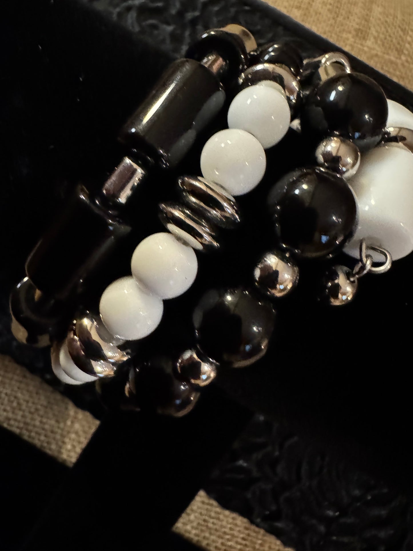 Vintage Chico's Coil Bracelet with Black, White and Silver-Tone Beads - Boho Style