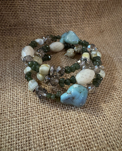 “Beaded Intrigue” Spiral Bracelet – Green, Ivory & Champagne Crystal Mix