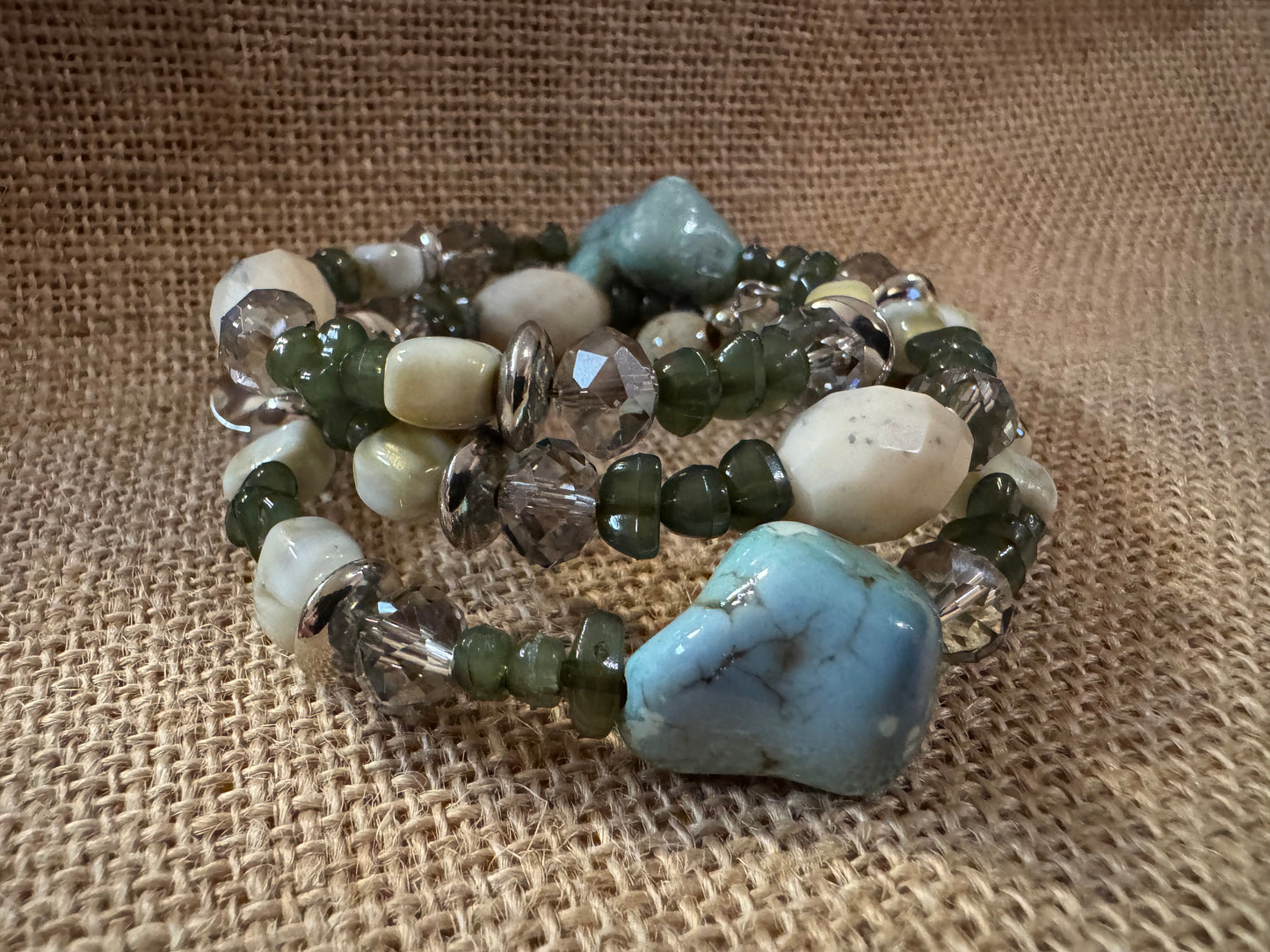 “Beaded Intrigue” Spiral Bracelet – Green, Ivory & Champagne Crystal Mix