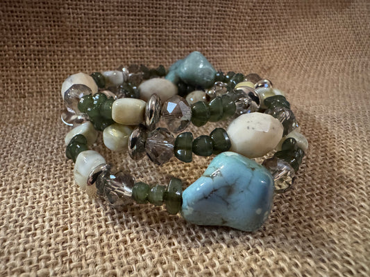 “Beaded Intrigue” Spiral Bracelet – Green, Ivory & Champagne Crystal Mix