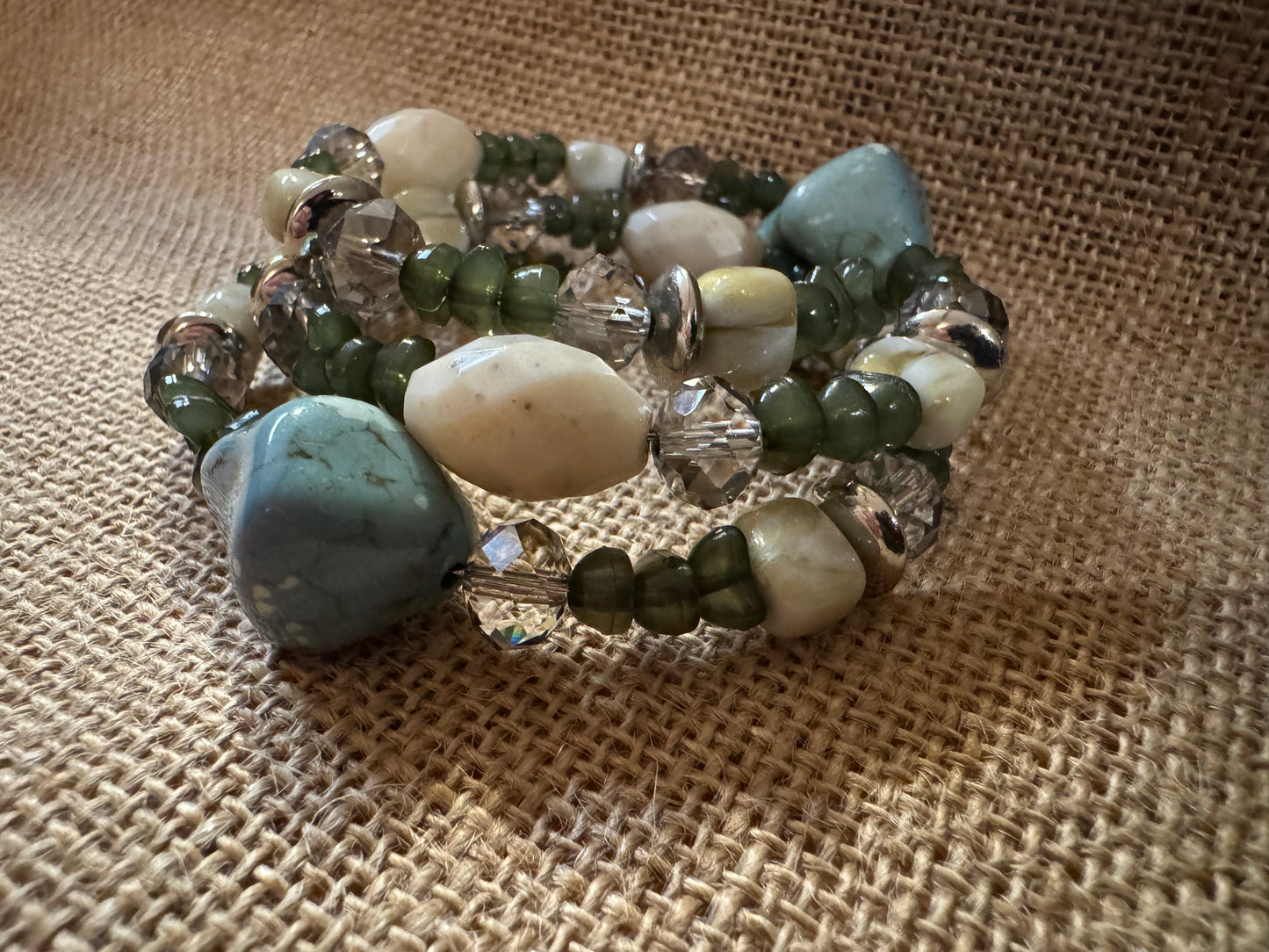“Beaded Intrigue” Spiral Bracelet – Green, Ivory & Champagne Crystal Mix