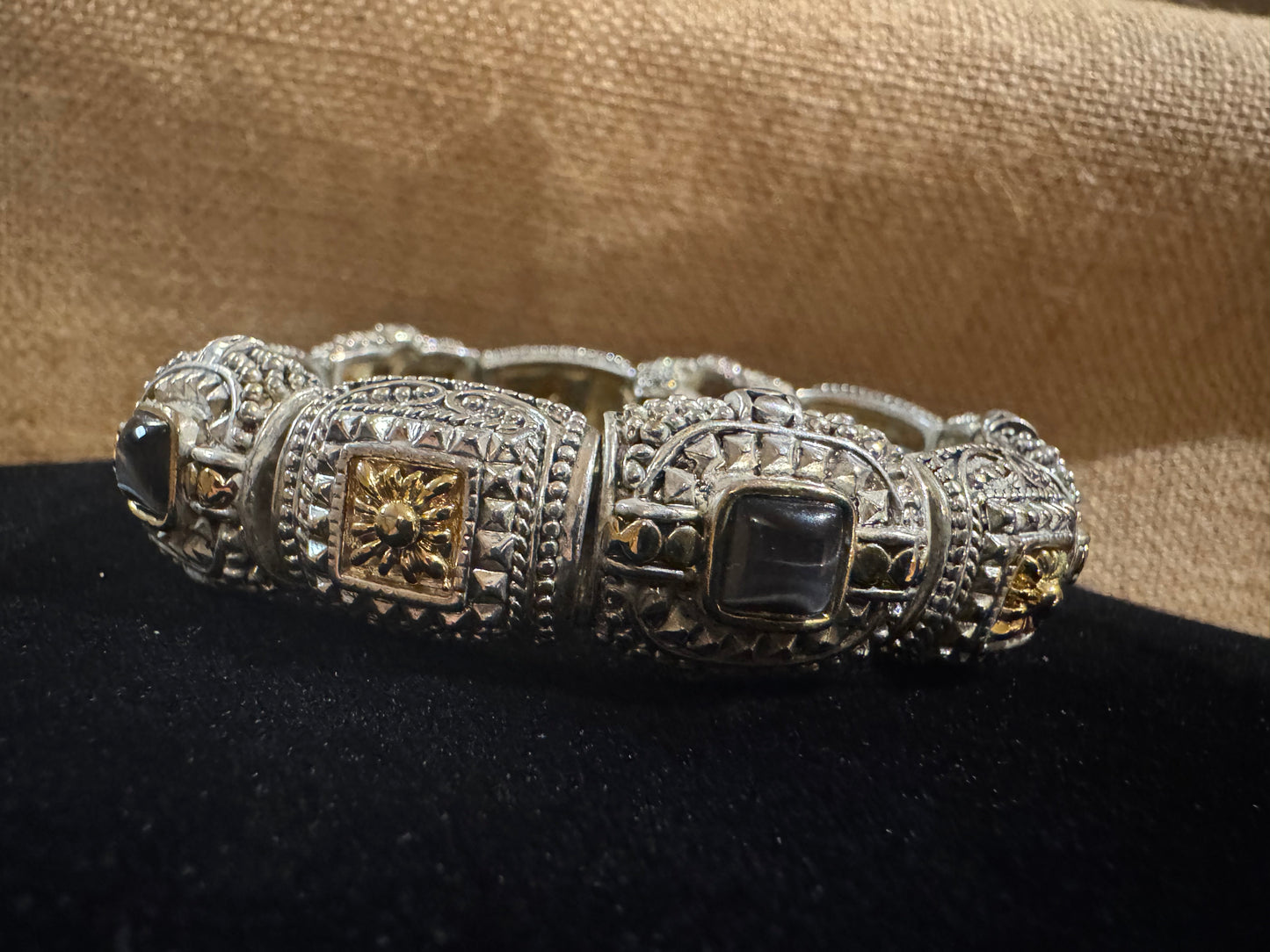 Vintage Silver Link Bracelet with Gold Inlay and Cat’s Eye Stones