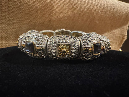 Vintage Silver Link Bracelet with Gold Inlay and Cat’s Eye Stones