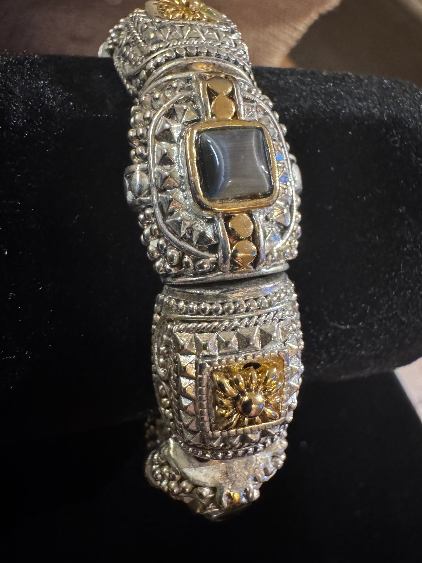 Vintage Silver Link Bracelet with Gold Inlay and Cat’s Eye Stones