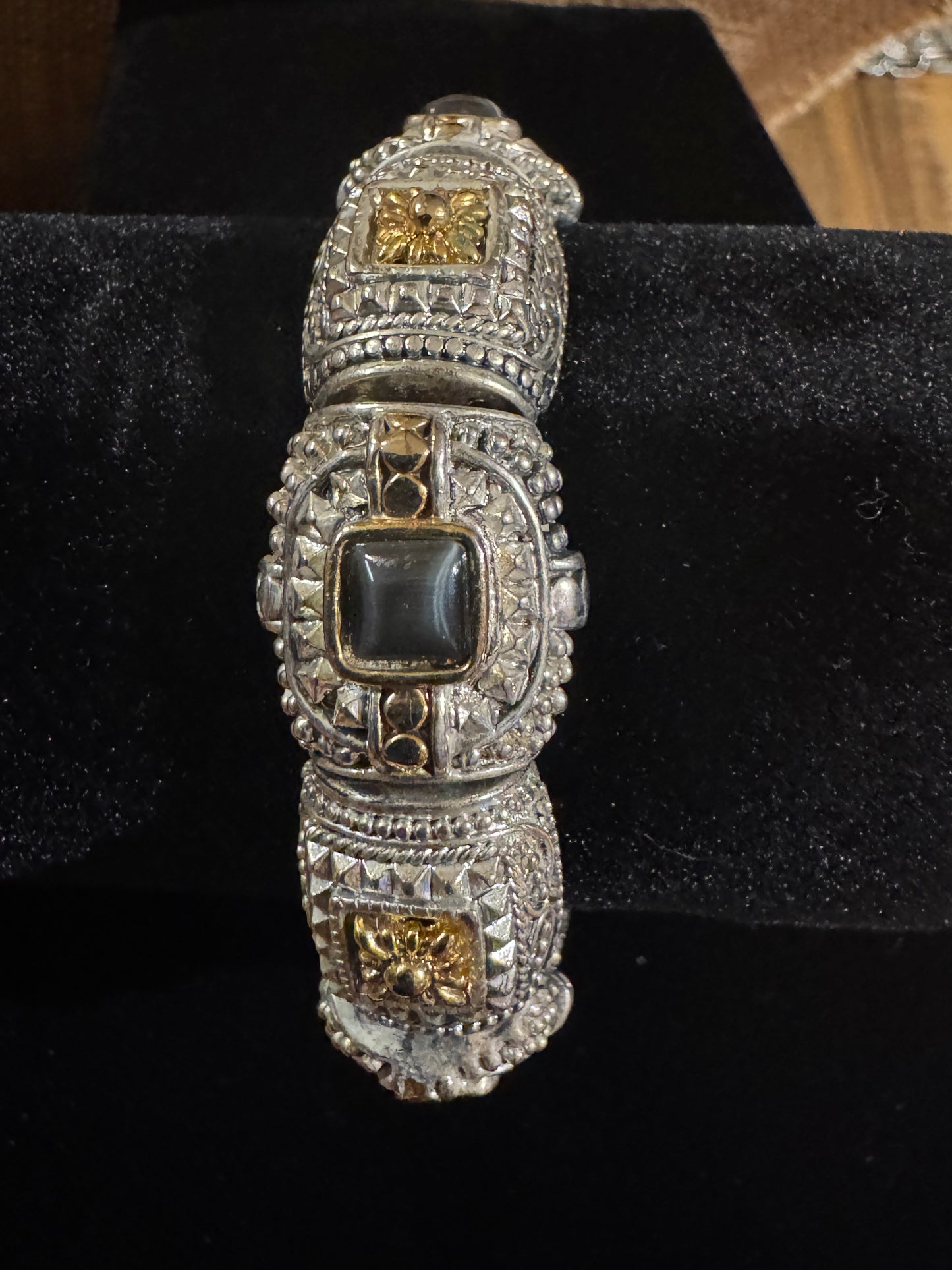 Vintage Silver Link Bracelet with Gold Inlay and Cat’s Eye Stones