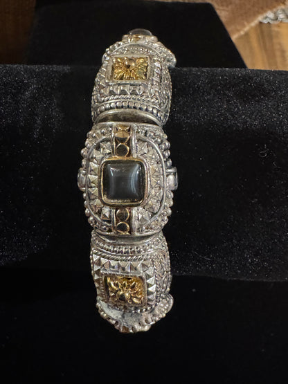 Vintage Silver Link Bracelet with Gold Inlay and Cat’s Eye Stones
