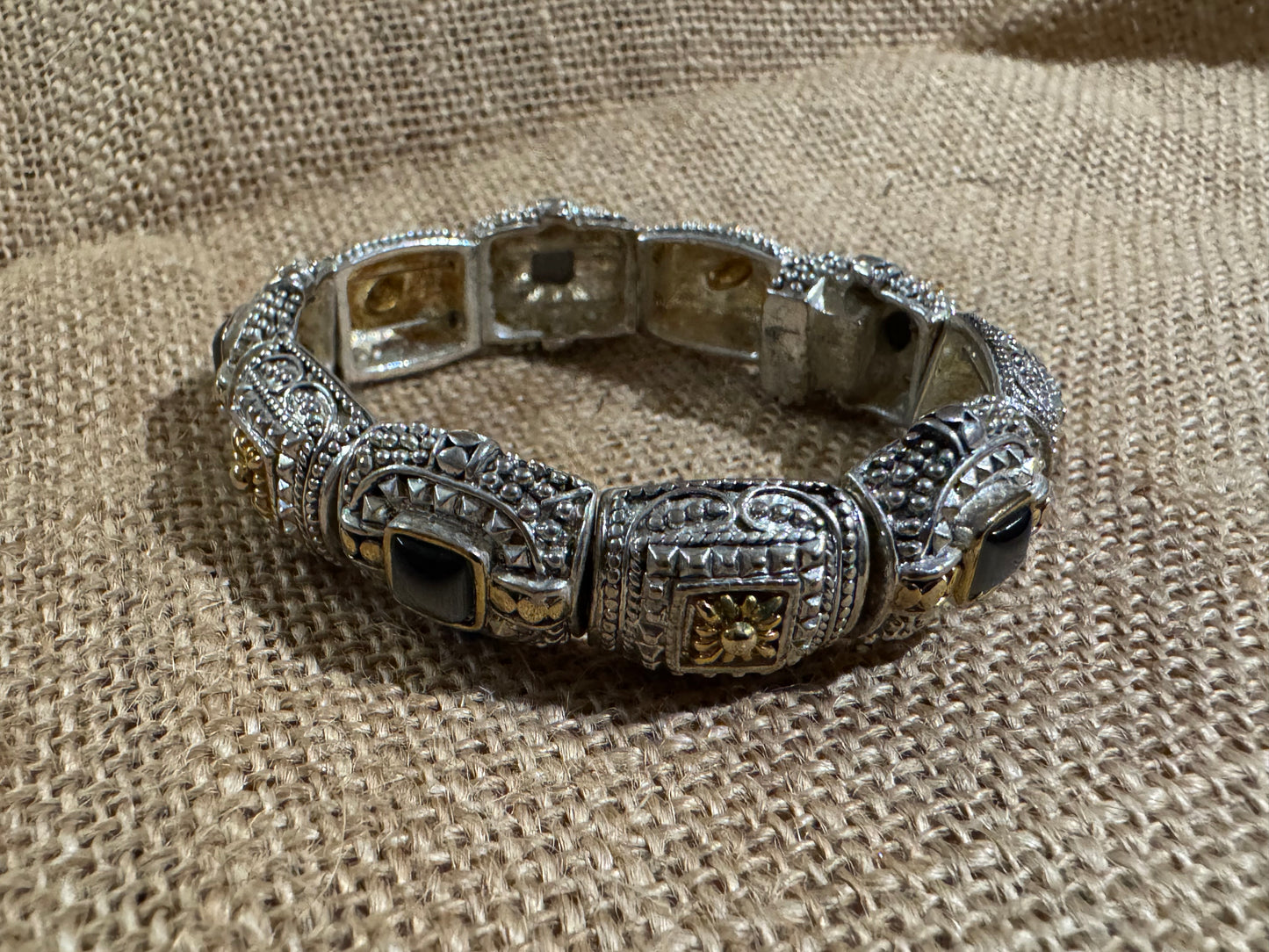 Vintage Silver Link Bracelet with Gold Inlay and Cat’s Eye Stones