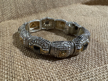 Vintage Silver Link Bracelet with Gold Inlay and Cat’s Eye Stones