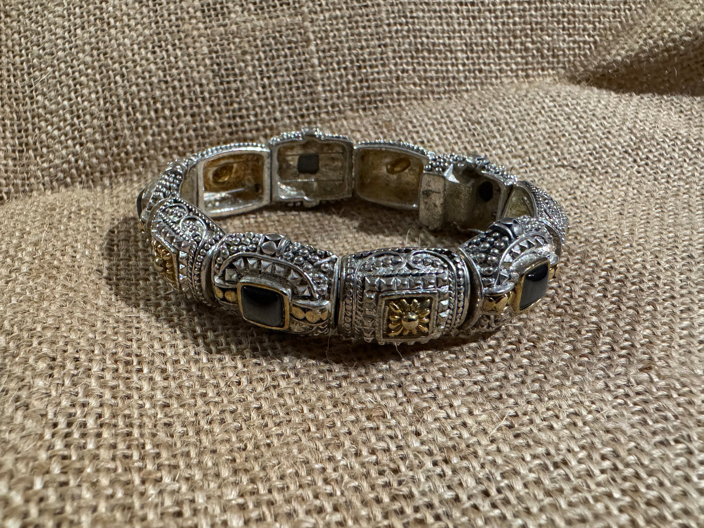 Vintage Silver Link Bracelet with Gold Inlay and Cat’s Eye Stones