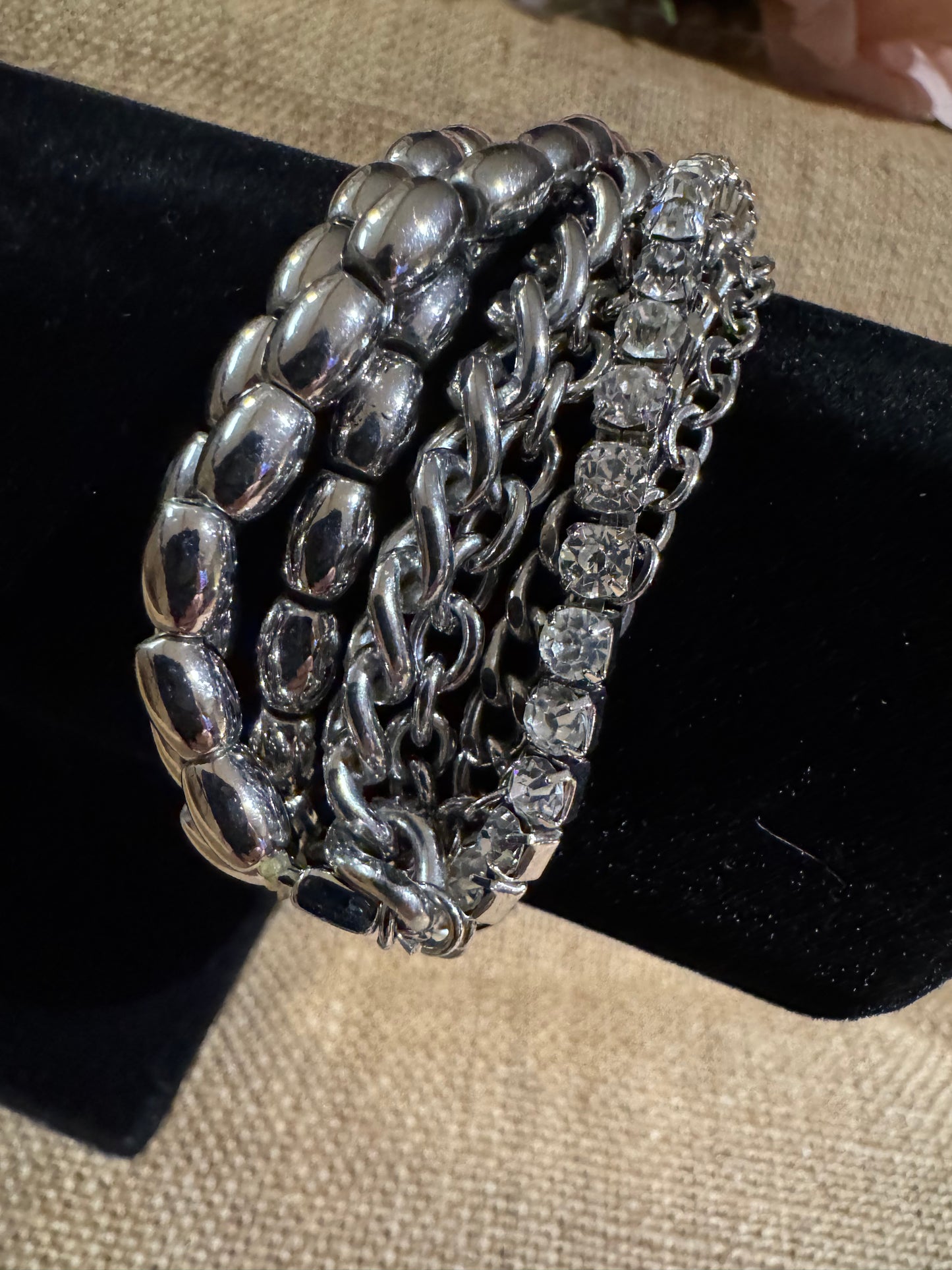 Chico's Multi-Chain Clear Rhinestone Bracelet – Silver-Tone Beaded Elegance