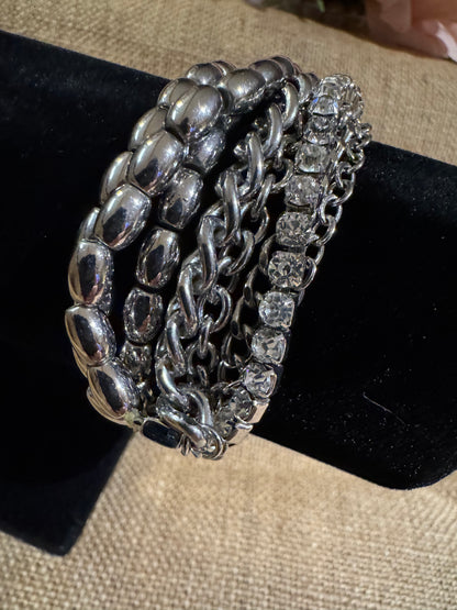 Chico's Multi-Chain Clear Rhinestone Bracelet – Silver-Tone Beaded Elegance