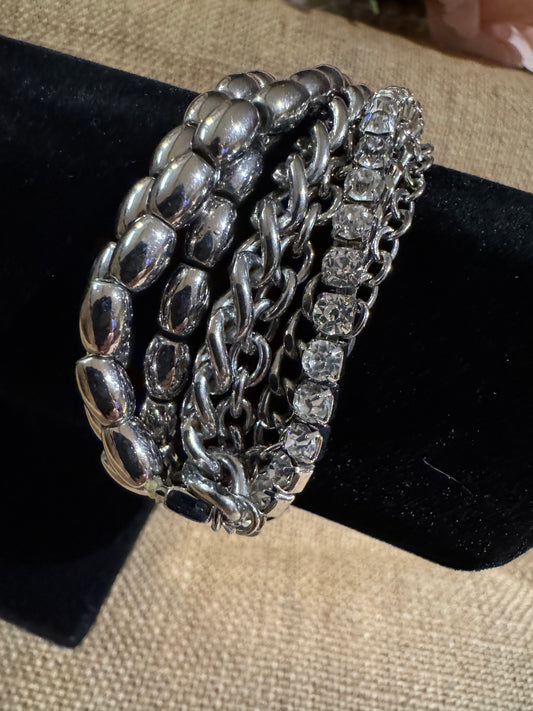 Chico's Multi-Chain Clear Rhinestone Bracelet – Silver-Tone Beaded Elegance