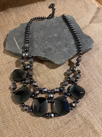 Vintage Chico's Chunky Multi-Strand Bib Necklace – Black Glass & Silver-Tone Beads