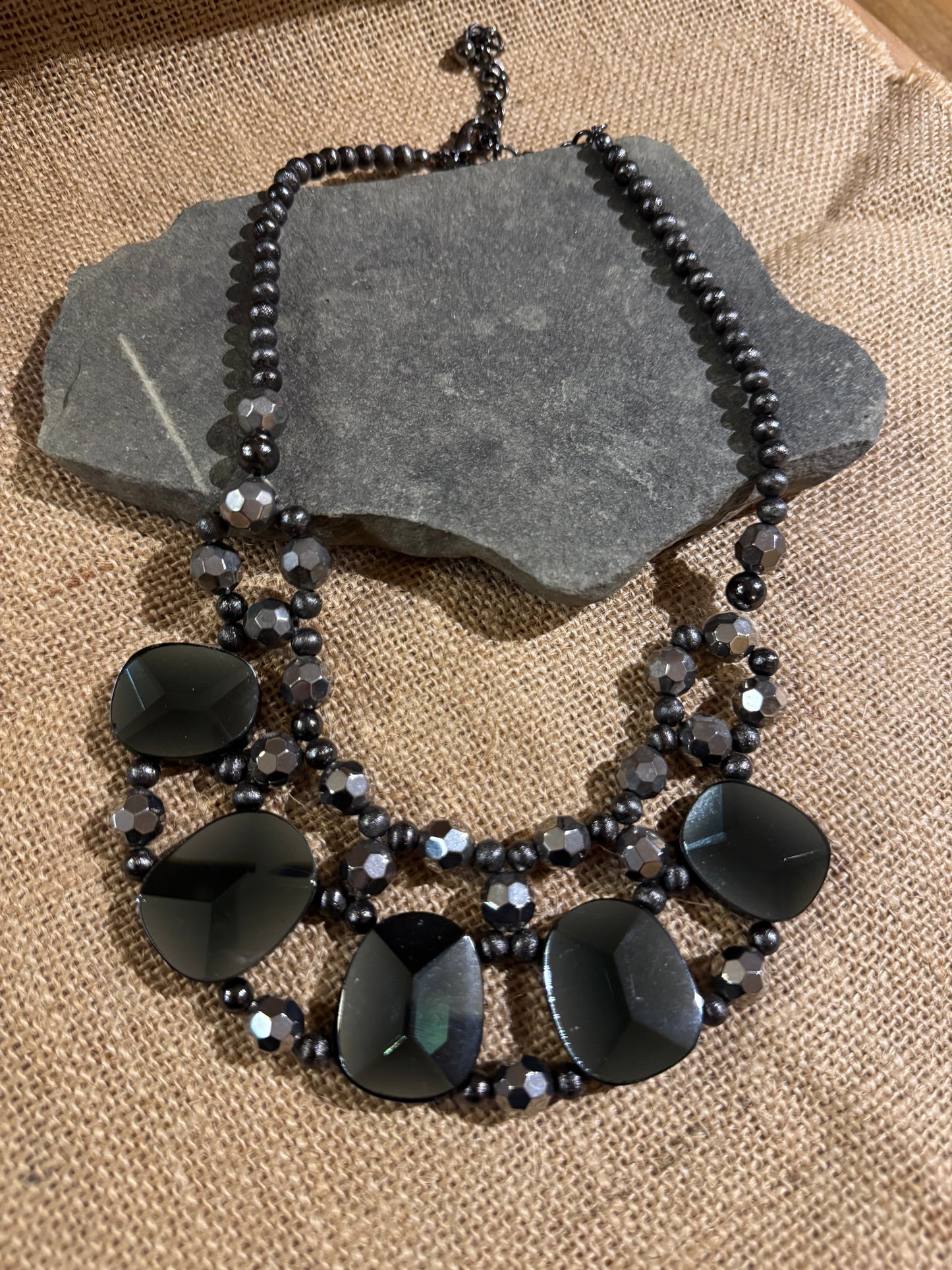 Vintage Chico's Chunky Multi-Strand Bib Necklace – Black Glass & Silver-Tone Beads