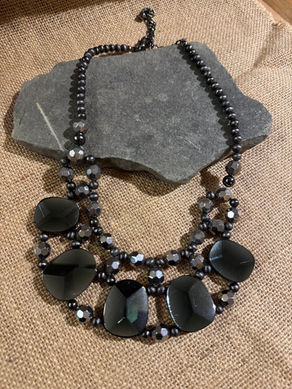 Vintage Chico's Chunky Multi-Strand Bib Necklace – Black Glass & Silver-Tone Beads