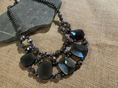 Vintage Chico's Chunky Multi-Strand Bib Necklace – Black Glass & Silver-Tone Beads
