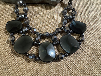 Vintage Chico's Chunky Multi-Strand Bib Necklace – Black Glass & Silver-Tone Beads
