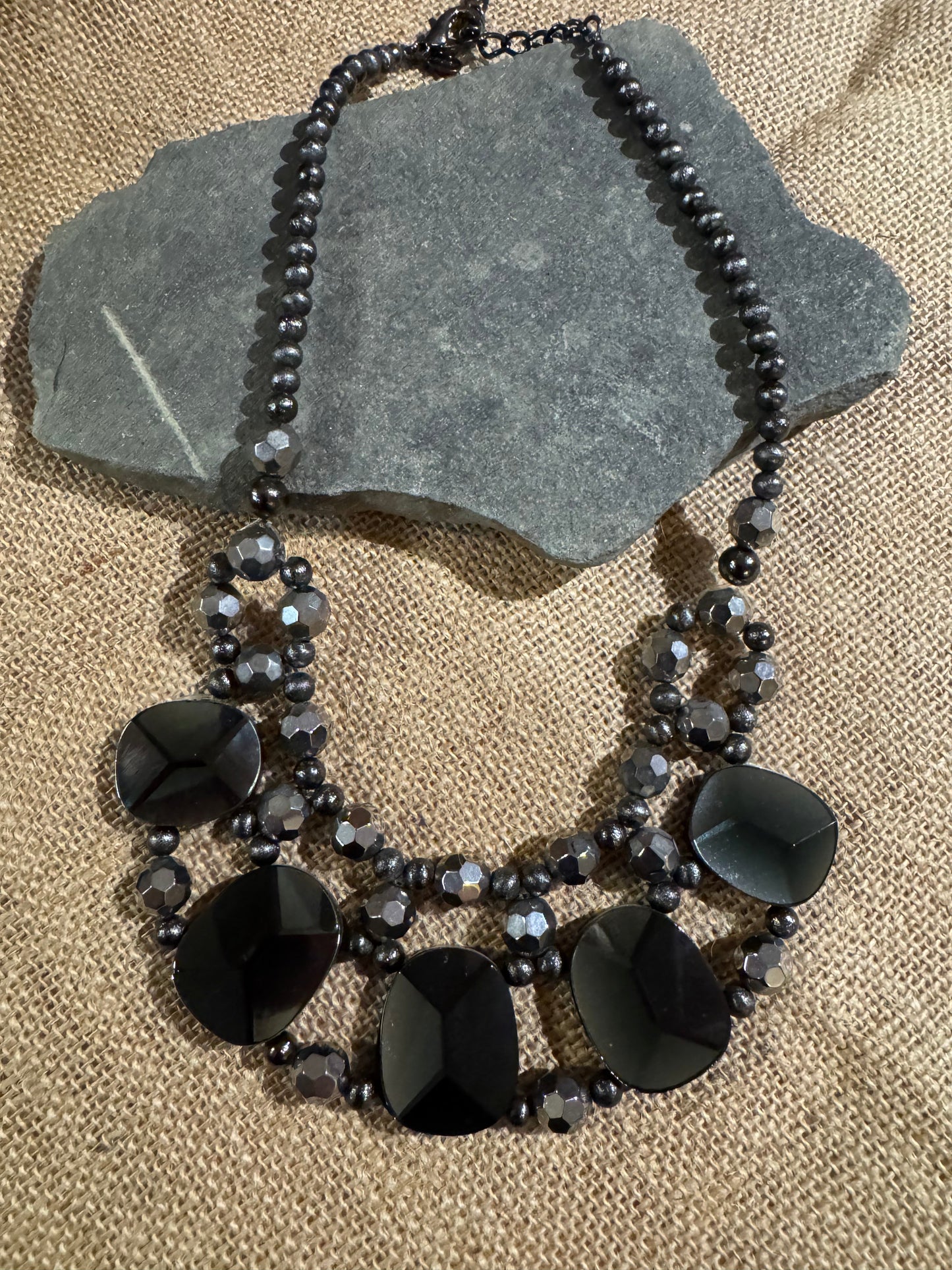 Vintage Chico's Chunky Multi-Strand Bib Necklace – Black Glass & Silver-Tone Beads