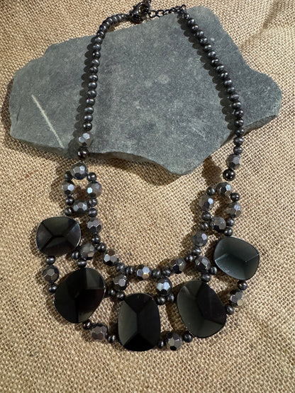 Vintage Chico's Chunky Multi-Strand Bib Necklace – Black Glass & Silver-Tone Beads