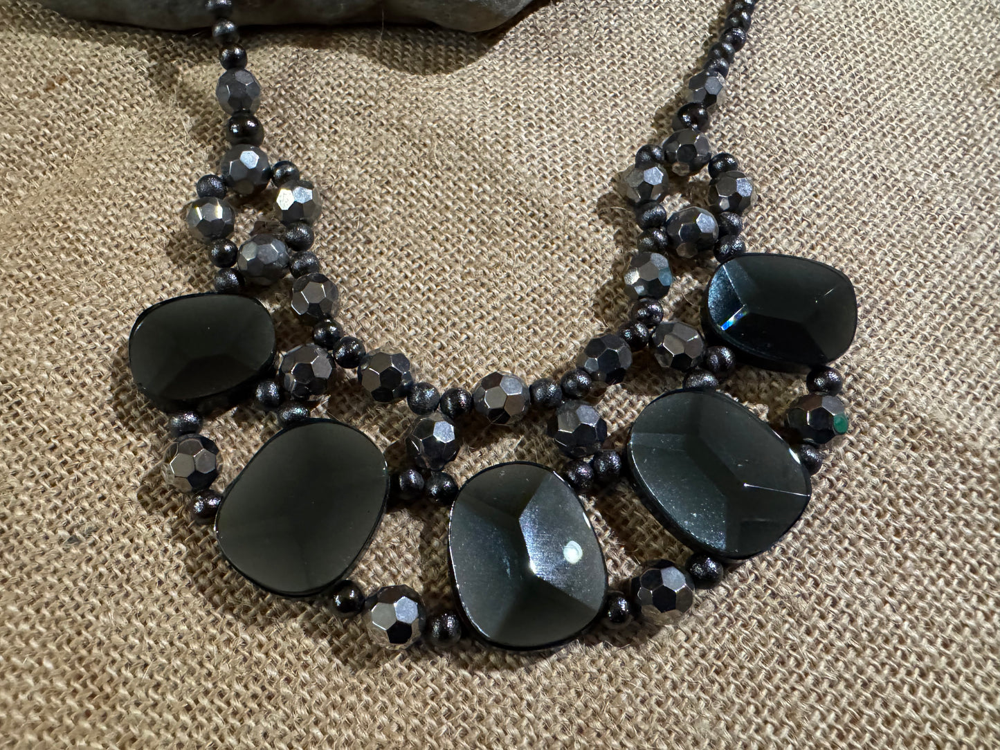 Vintage Chico's Chunky Multi-Strand Bib Necklace – Black Glass & Silver-Tone Beads
