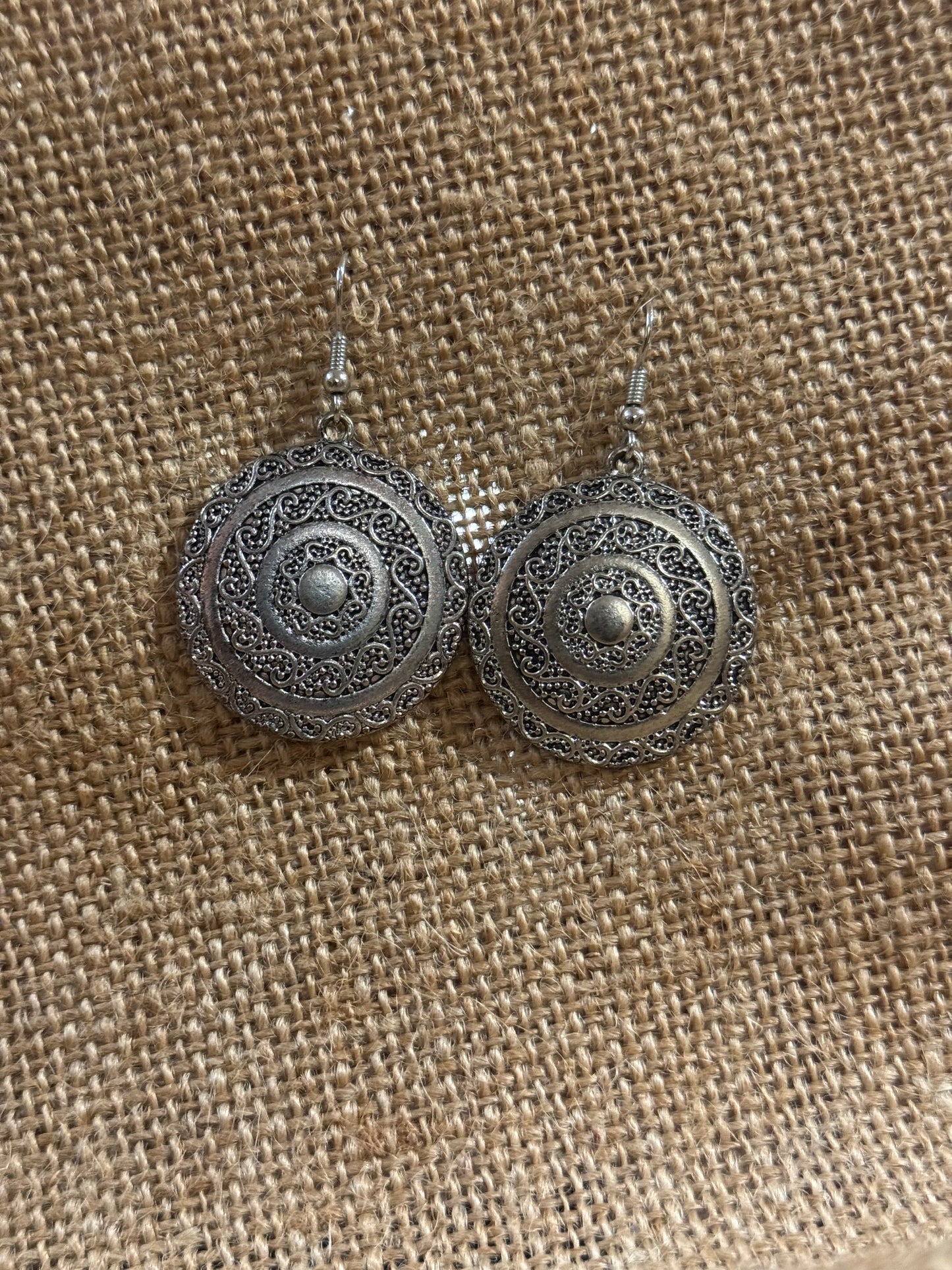 Bohemian Silver-Toned Filigree Medallion Dangle Earrings